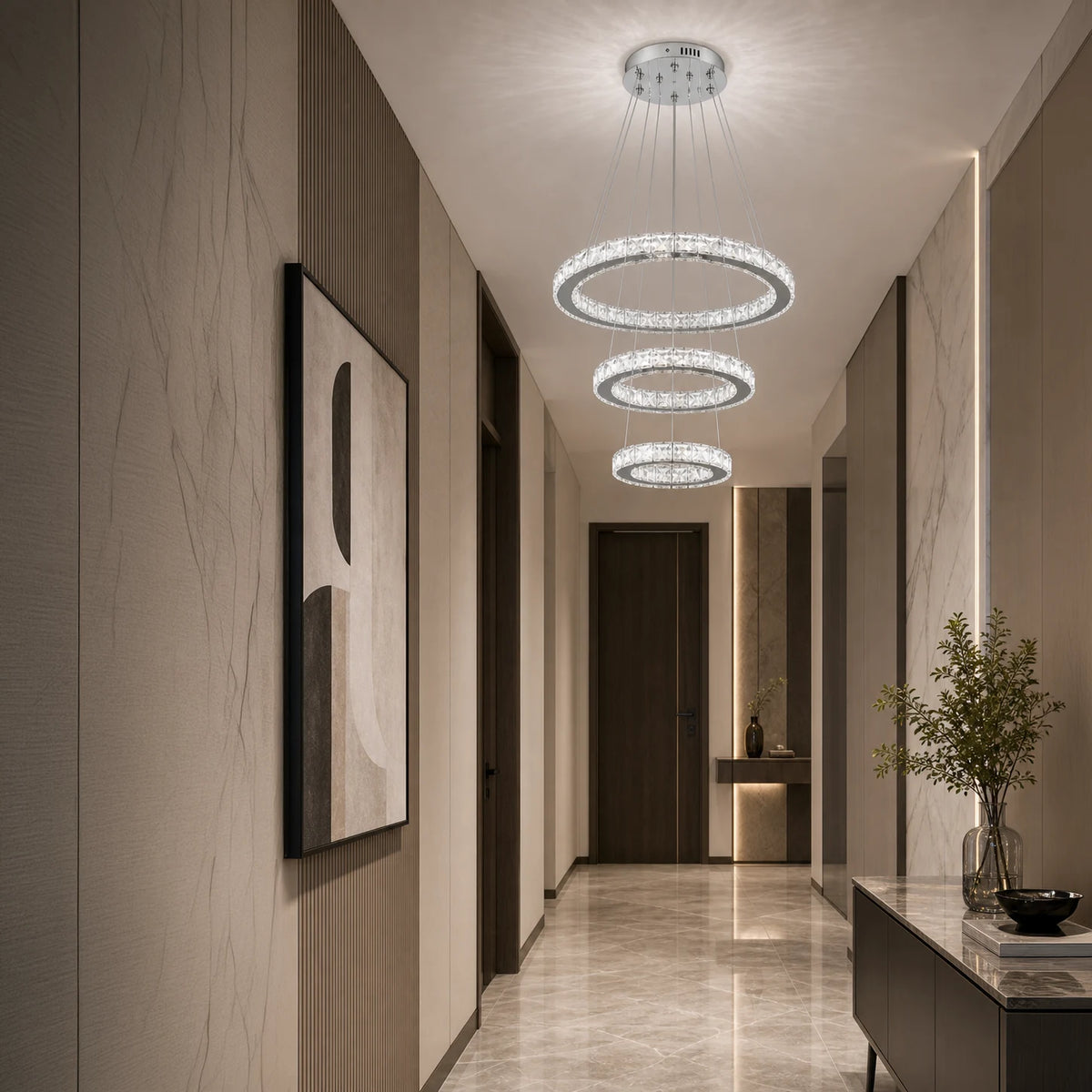 Suspended LED chandelier with remote control and crystal PRISM LUMORA 63W, 3 Circles, Cold/Warm/Neutral light, Dimmable, Shiny Chrome, Adjustable Height - 08_LLC131-3CH.png