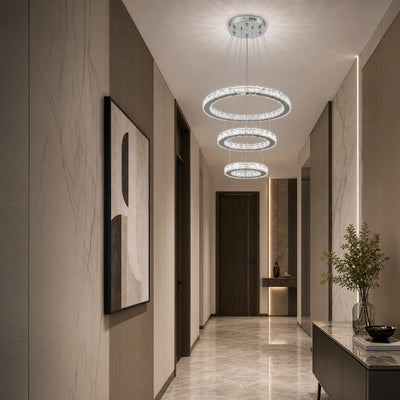 Suspended LED chandelier with remote control and crystal PRISM LUMORA 63W, 3 Circles, Cold/Warm/Neutral light, Dimmable, Shiny Chrome, Adjustable Height