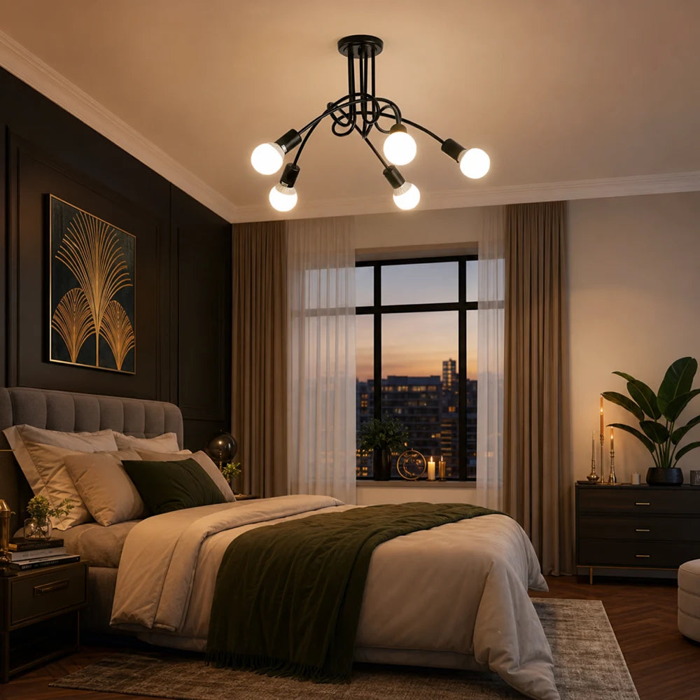 Modernist Chandelier Penta 5, 5x E27, Black, Modern Design - 09_LC366-5BK.png