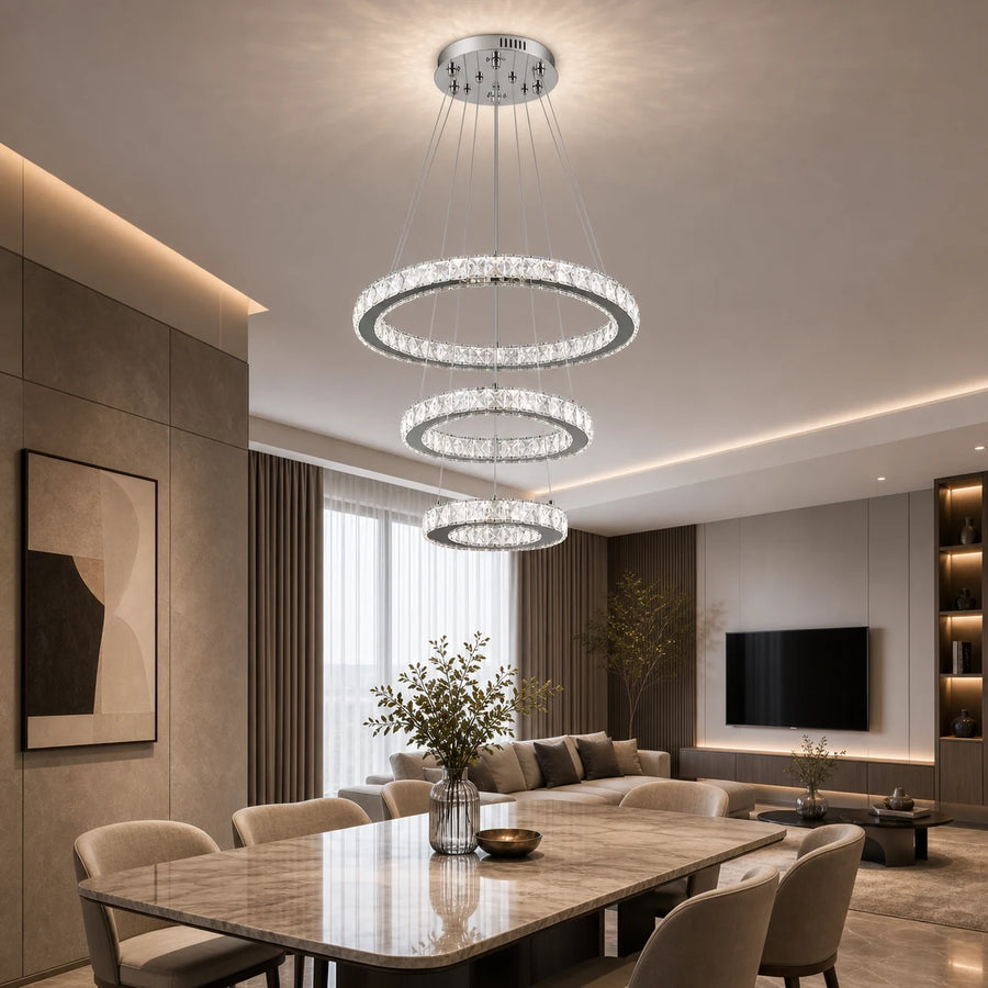 Suspended LED chandelier with remote control and crystal PRISM LUMORA 63W, 3 Circles, Cold/Warm/Neutral light, Dimmable, Shiny Chrome, Adjustable Height - 09_LLC131-3CH.png