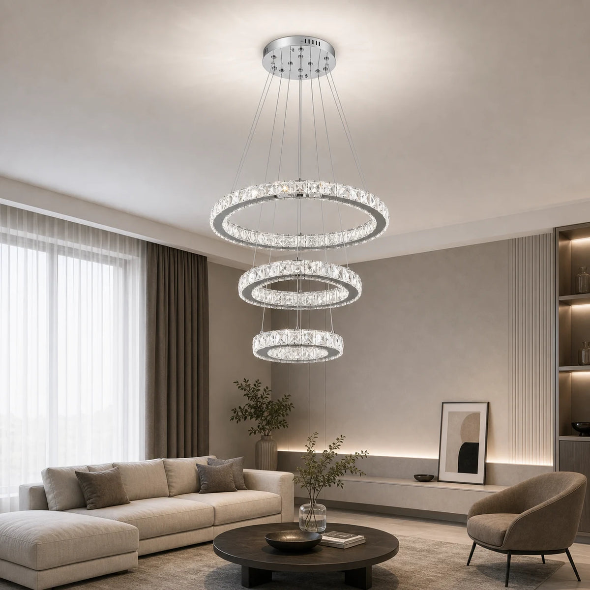 Suspended LED chandelier with remote control and crystal PRISM LUMORA 63W, 3 Circles, Cold/Warm/Neutral light, Dimmable, Shiny Chrome, Adjustable Height - 10_LLC131-3CH.png