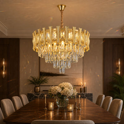 Crystal Chandelier HAMPTON Eleganza 8x E14, Diameter 49cm, Shiny Gold, Adjustable Height