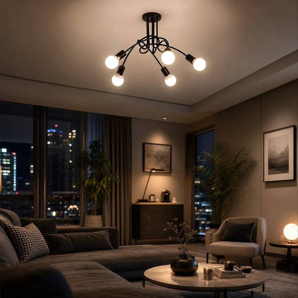 Modernist Chandelier Penta 5, 5x E27, Black, Modern Design - 12_LC366-5BK.png