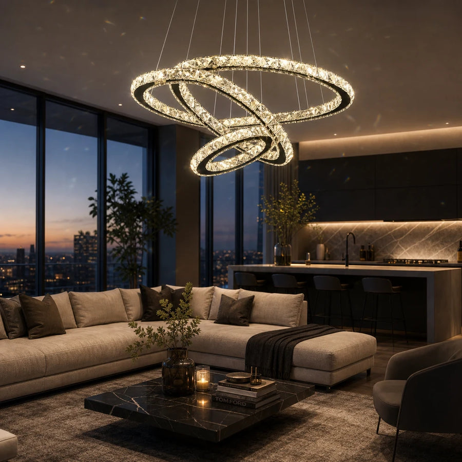 Suspended LED chandelier with remote control and crystal PRISM LUMINIS 79W, 3 Circles, Cold/Warm/Neutral light, Dimmable, Chrome, Height Adjustable - 12_LT029.png