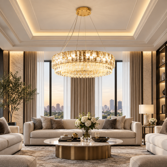 Crystal Chandelier ELYSIAN Magno 9xE14, D60 cm, Gold, Adjustable Height, Metal and Crystal