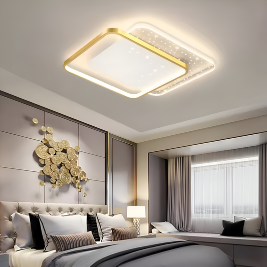 LED chandelier with gildra remote control, 110W, 2 squares, cold/hot/neutral light, unkind, golden