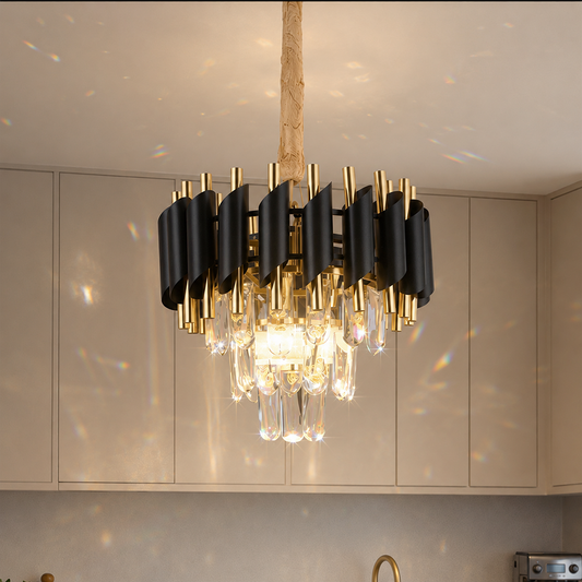 VERSAILLES Petito Crystal Chandelier 3xE14, Diameter 30cm, Shiny Gold and Black, Adjustable Height 