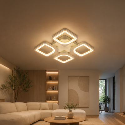 LED chandelier with remote control ZOE 53W, 4 Squares, Cold/Warm/Neutral light, Dimmable, White
