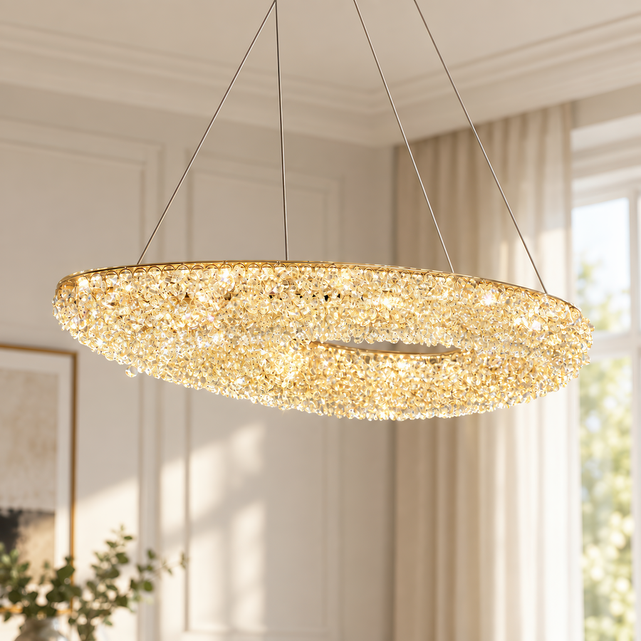 Modern Crystal Chandelier, Remote Control, PRUGU, 65W, Warm/Neutral/Cold Light, Length 35 cm, Gold, Adjustable Height