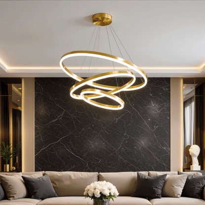 Suspended LED chandelier with remote control ELIZABETH, 85W, 3 Circles, Cold/Warm/Neutral light, Dimmable, Shiny Gold, Adjustable Height