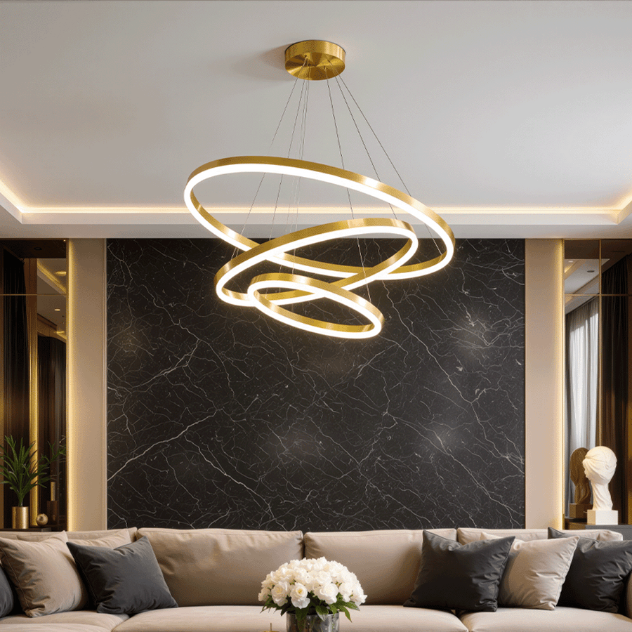 Suspended LED chandelier with remote control ELIZABETH, 85W, 3 Circles, Cold/Warm/Neutral light, Dimmable, Shiny Gold, Adjustable Height