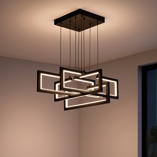 LED chandelier with remote control, Suspended 96W, 4 Elements, Cold/Warm/Neutral light, Dimmable, Adjustable height, Black