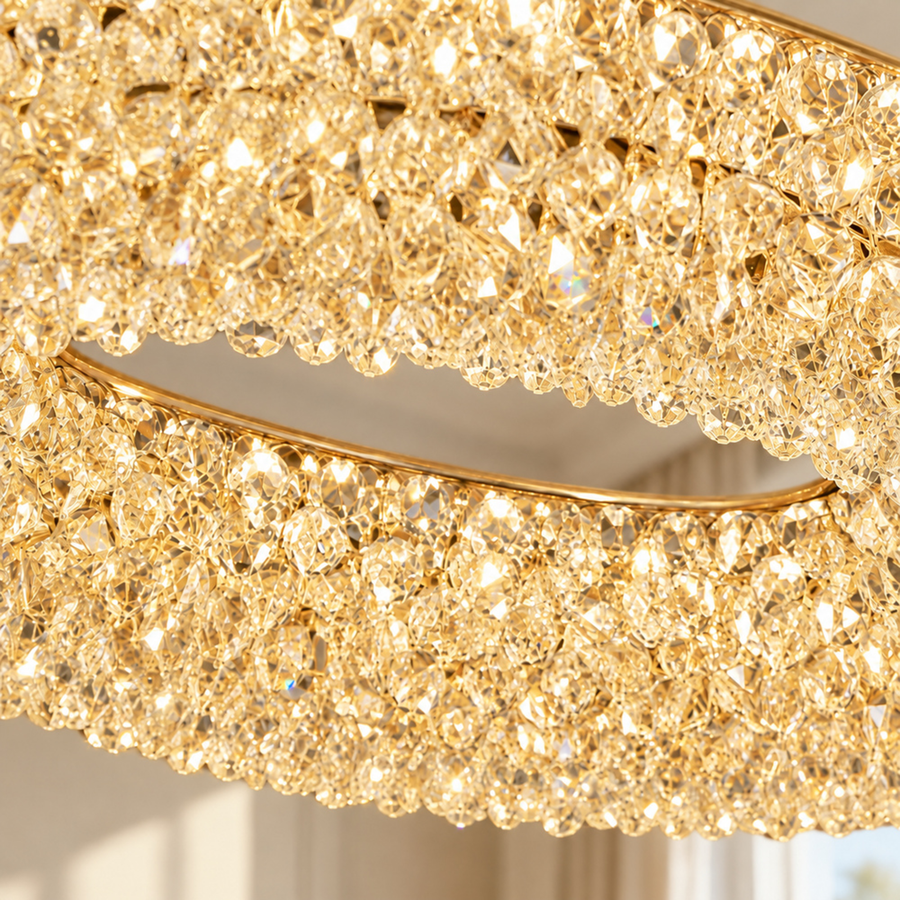 Modern Crystal Chandelier, Remote Control, PRUGU, 65W, Warm/Neutral/Cold Light, Length 35 cm, Gold, Adjustable Height