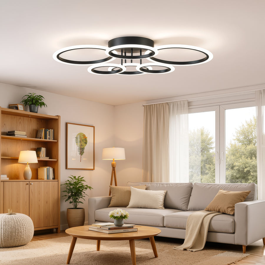 LED chandelier with remote control BETTY 82W, 6 Circles, Cold/Warm/Neutral light, Dimmable, Black