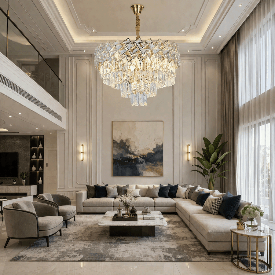 Crystal Chandelier WINDSOR Elegance 8x E14, Diameter 39cm, Shiny Gold, Adjustable Height, Metal and Crystal