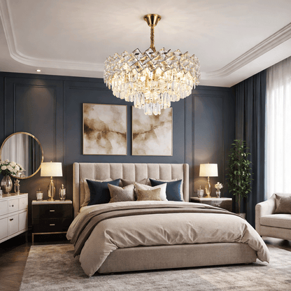 Crystal Chandelier WINDSOR Elegance 8x E14, Diameter 39cm, Shiny Gold, Adjustable Height, Metal and Crystal