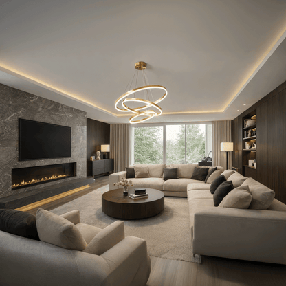 Suspended LED chandelier with remote control ELIZABETH, 85W, 3 Circles, Cold/Warm/Neutral light, Dimmable, Shiny Gold, Adjustable Height