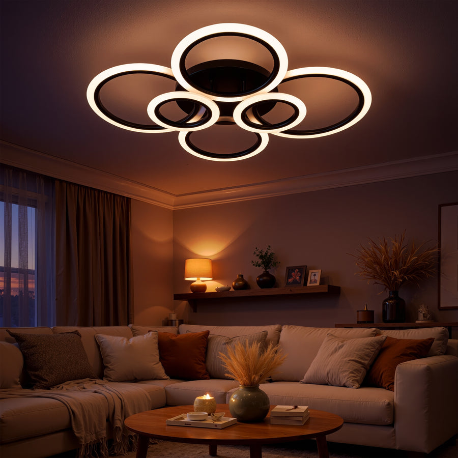 LED chandelier with remote control BETTY 82W, 6 Circles, Cold/Warm/Neutral light, Dimmable, Black