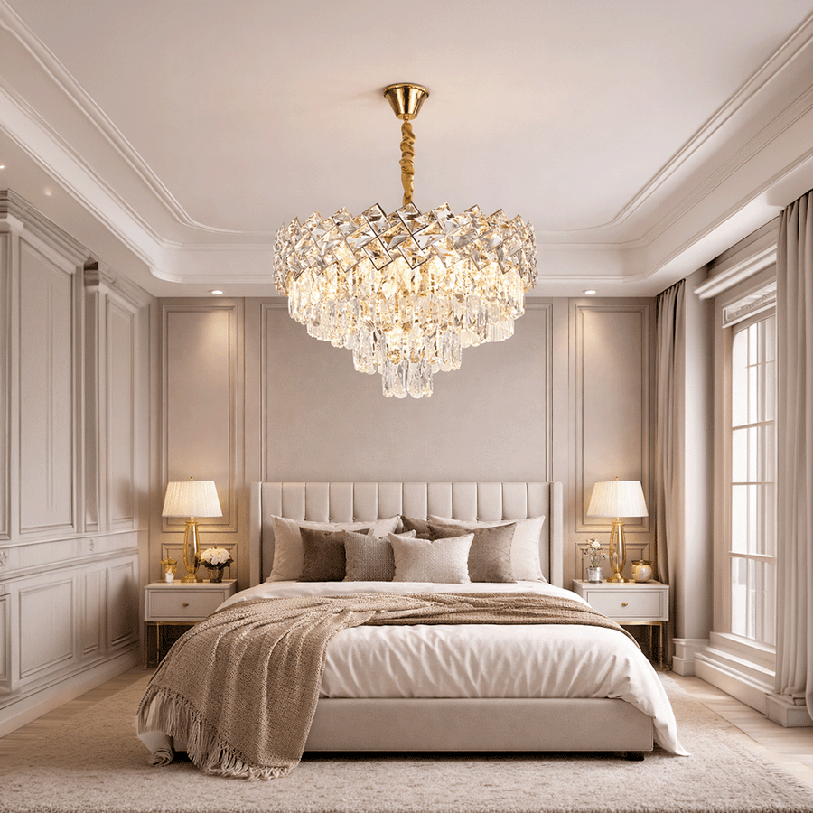 Crystal Chandelier WINDSOR Elegance 8x E14, Diameter 39cm, Shiny Gold, Adjustable Height, Metal and Crystal