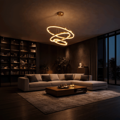 Suspended LED chandelier with remote control ELIZABETH, 85W, 3 Circles, Cold/Warm/Neutral light, Dimmable, Shiny Gold, Adjustable Height