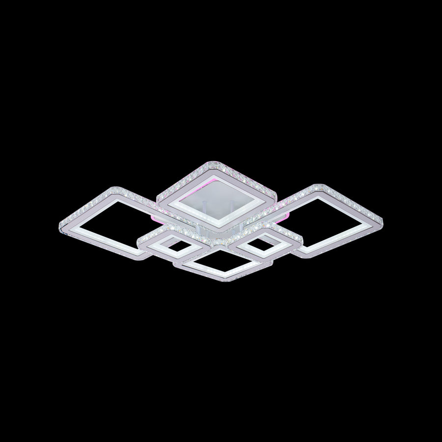LED chandelier with remote control and crystal QUADRIS RGB 170W, 6 Squares, Cold/Warm/Neutral Light, Dimmable, White