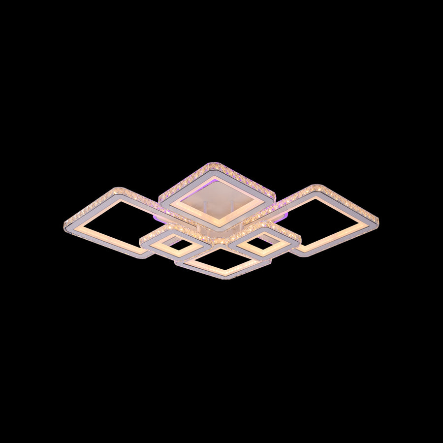 LED chandelier with remote control and crystal QUADRIS RGB 170W, 6 Squares, Cold/Warm/Neutral Light, Dimmable, White