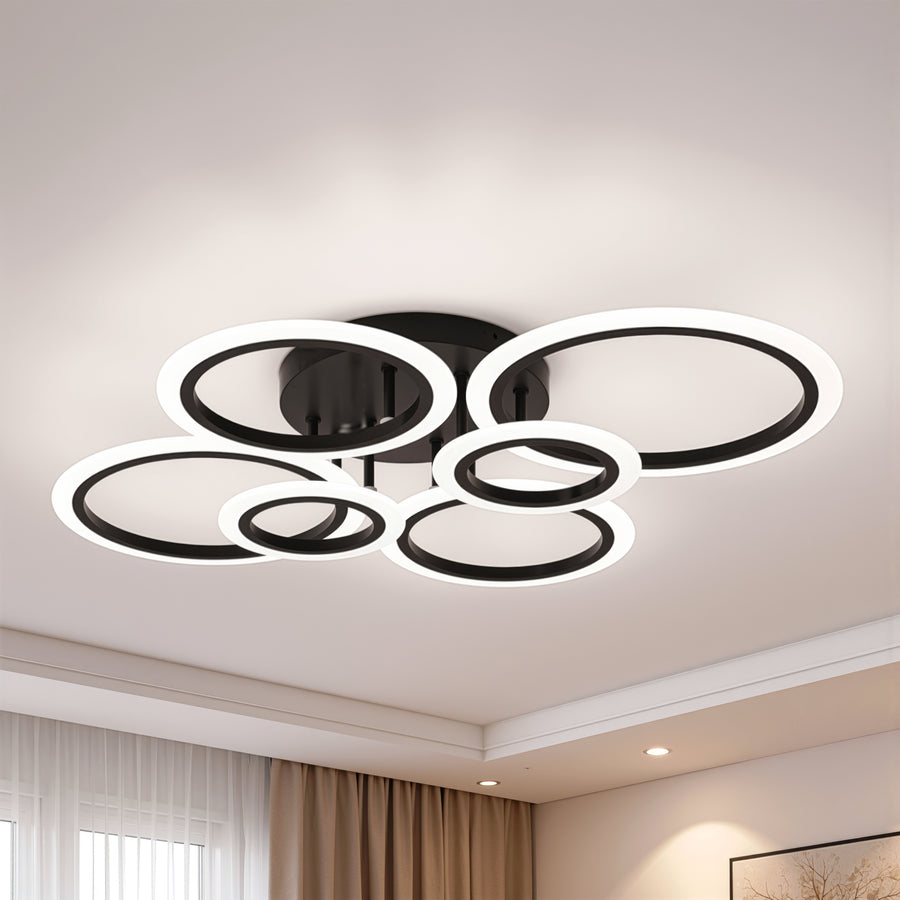 LED chandelier with remote control BETTY 82W, 6 Circles, Cold/Warm/Neutral light, Dimmable, Black
