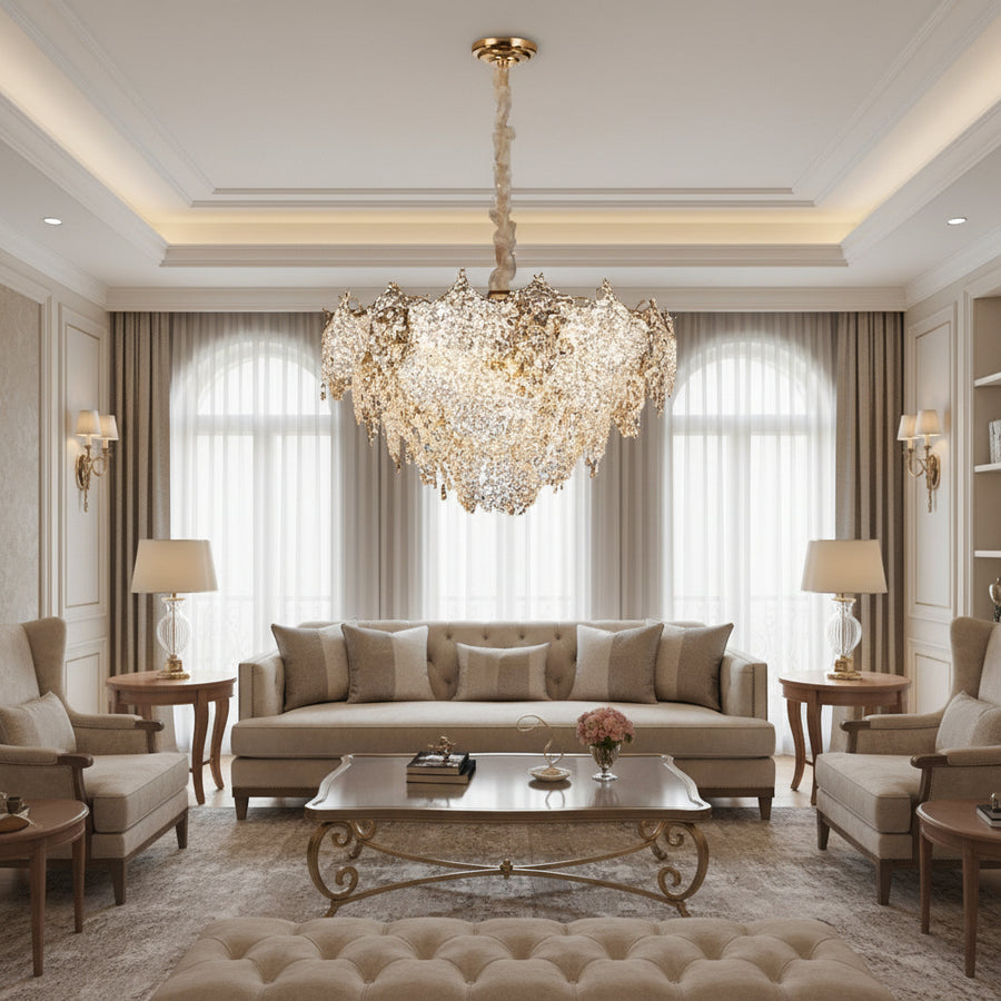 Candelabru Cristal LUXE Regalis, 21xE14, Diametru 80cm, Inaltime 45cm, Auriu Lucios, Inaltime Reglabila, Design Elegant