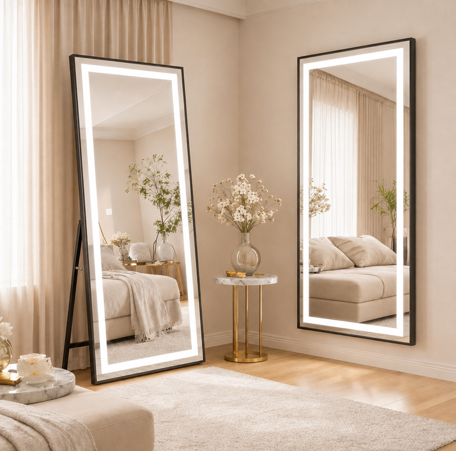 Rectangular LED Mirror, Black Frame, 50x160cm, Dimmable, Cold/Warm/Neutral Light, Dressing Couture