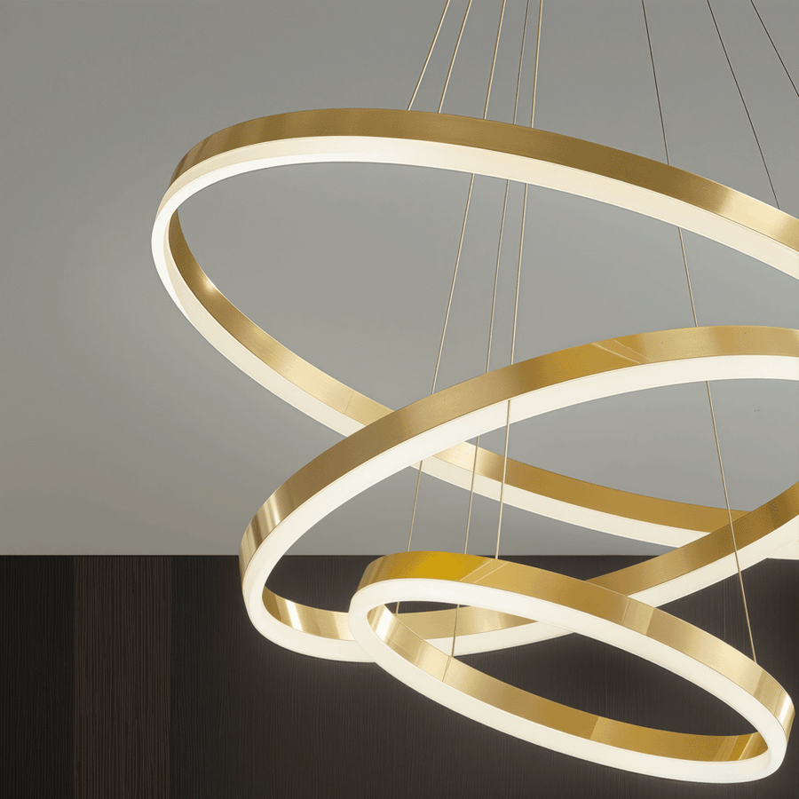Suspended LED chandelier with remote control ELIZABETH, 85W, 3 Circles, Cold/Warm/Neutral light, Dimmable, Shiny Gold, Adjustable Height