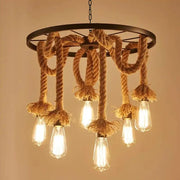 Wheel Chandelier, 6*E27, Brown, Metal and Rope