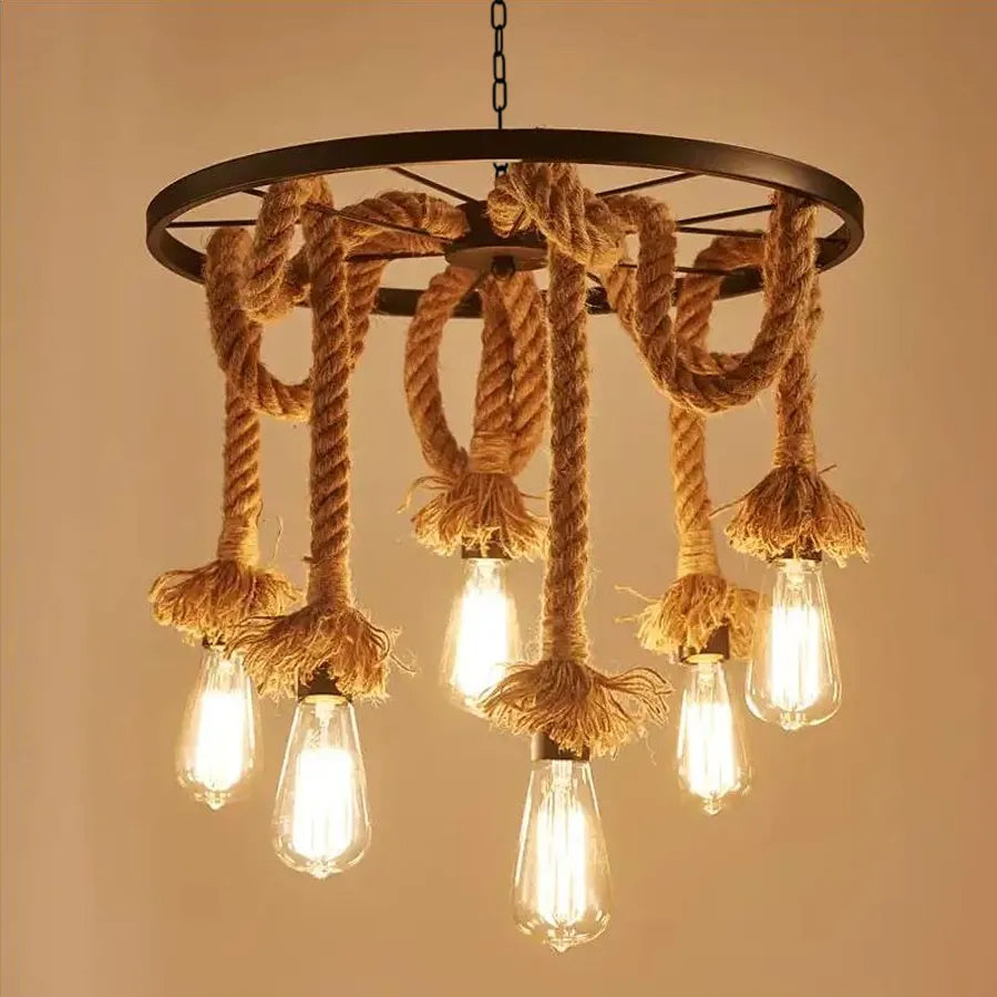 Wheel Chandelier, 6*E27, Brown, Metal and Rope