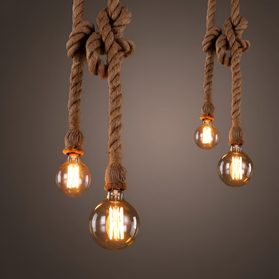 Vintage Chandelier CORDA, 2xE27, Rustic, String and Metal, 2x100cm, Black Support