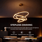 Suspended LED chandelier with remote control ELIZABETH, 85W, 3 Circles, Cold/Warm/Neutral light, Dimmable, Shiny Gold, Adjustable Height