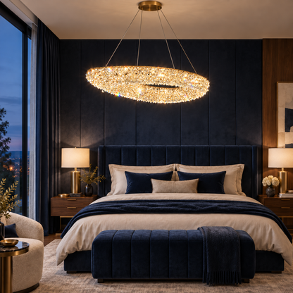 Modern Crystal Chandelier, Remote Control, PRUGU, 65W, Warm/Neutral/Cold Light, Length 35 cm, Gold, Adjustable Height