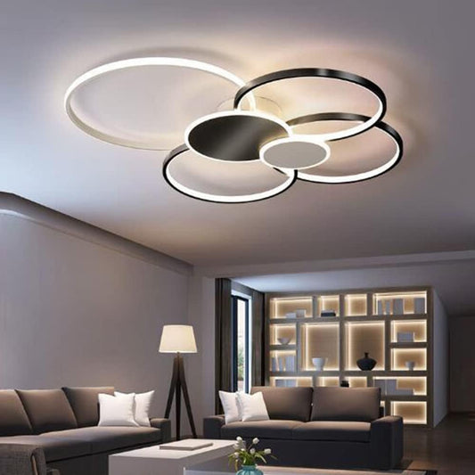 LED Chandelier with Remote Control, KILLIAN, 74W, 6 Circles, Cold/Warm/Neutral Light 3000K/4000K/6000K, Dimmable, Black and White, Metal and Acrylic