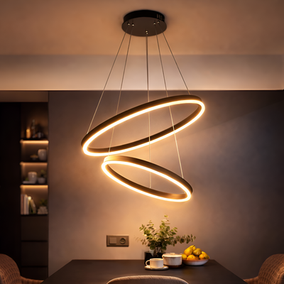 Suspended LED Chandelier with Remote Control CASIANA 40W, 2 Circles, Cold/Warm/Neutral Light 3000K/4000K/6000K, Dimmable, Black, Adjustable Height, Metal and Acrylic