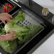 Stainless Steel Kitchen Sink Set with Double Faucet, Vegetable/Fruit Perforation Bowl, Universal Bowl with Drain Plug, Chopper, Graphite Black, 75x45X21cm 