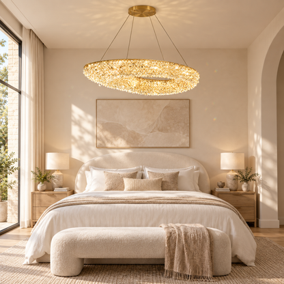 Modern Crystal Chandelier, Remote Control, PRUGU, 65W, Warm/Neutral/Cold Light, Length 35 cm, Gold, Adjustable Height