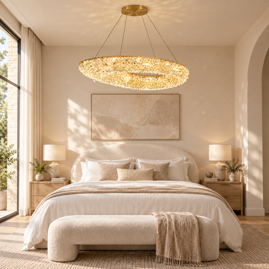 Modern Crystal Chandelier, Remote Control, PRUGU, 65W, Warm/Neutral/Cold Light, Length 35 cm, Gold, Adjustable Height