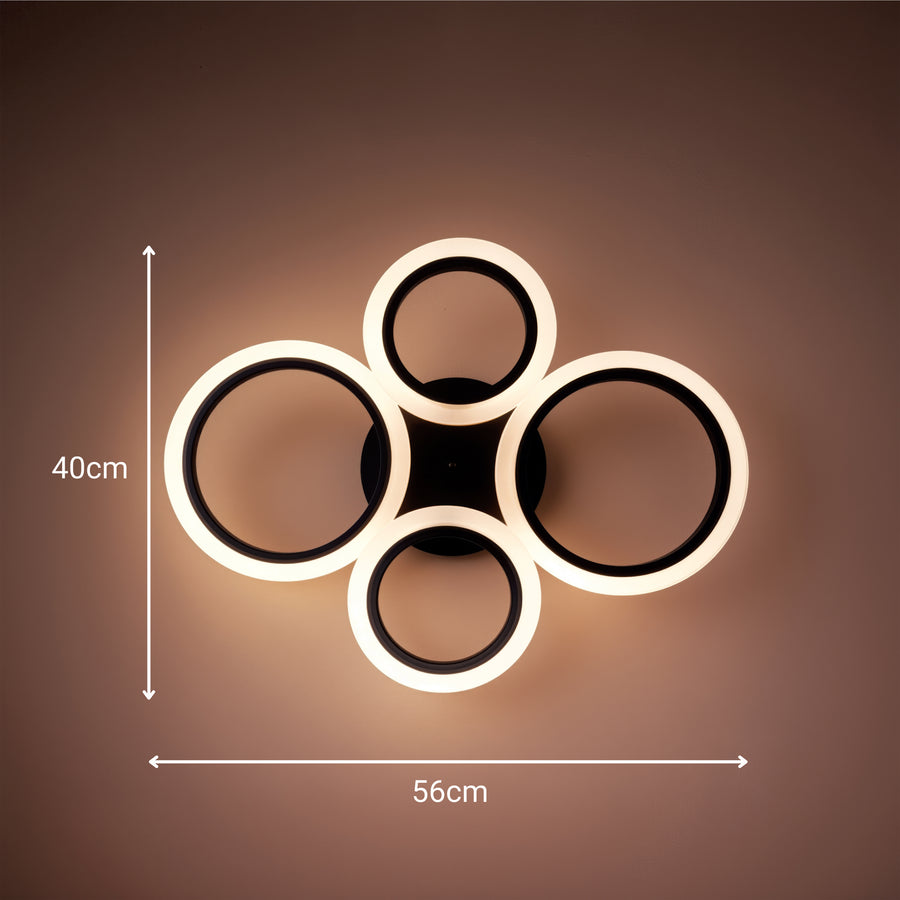 LED chandelier with remote control BETTY 44W, 4 Circles, Cold/Warm/Neutral light, Dimmable, Black