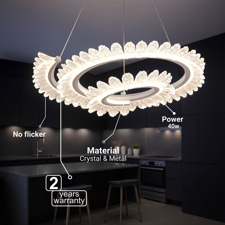 LED Chandelier LT188WH, Crystal and Metal, 40W, Dimmable, Adjustable Height, Cold/Warm/Neutral Light, Luxurious Lighting