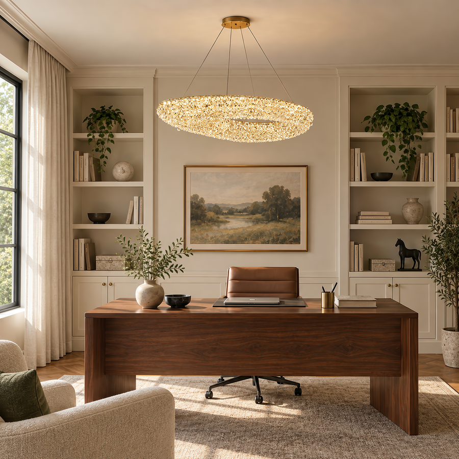 Modern Crystal Chandelier, Remote Control, PRUGU, 65W, Warm/Neutral/Cold Light, Length 35 cm, Gold, Adjustable Height