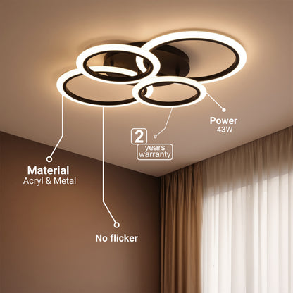 LED chandelier with remote control BETTY 44W, 4 Circles, Cold/Warm/Neutral light, Dimmable, Black