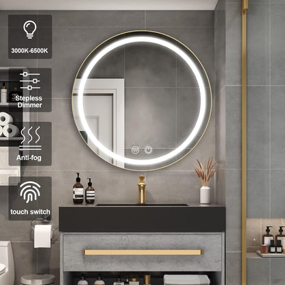 Oglinda LED cu Dulap, Rotunda, 50x50cm, Dezaburire, Lumina Rece/Calda/Neutra, Rama Neagra, Spatiu de Depozitare