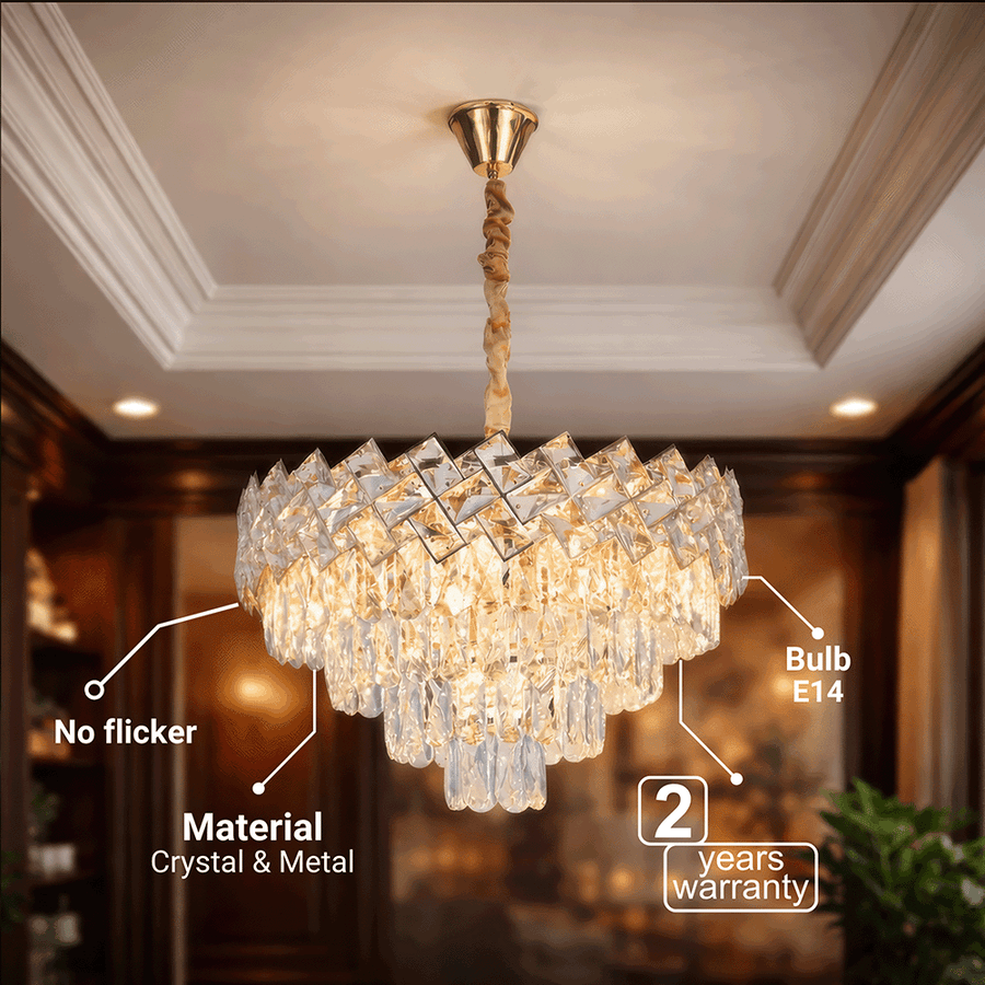 Crystal Chandelier WINDSOR Elegance 8x E14, Diameter 39cm, Shiny Gold, Adjustable Height, Metal and Crystal