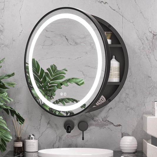 Oglinda LED cu Dulap, Rotunda, 50x50cm, Dezaburire, Lumina Rece/Calda/Neutra, Rama Neagra, Spatiu de Depozitare