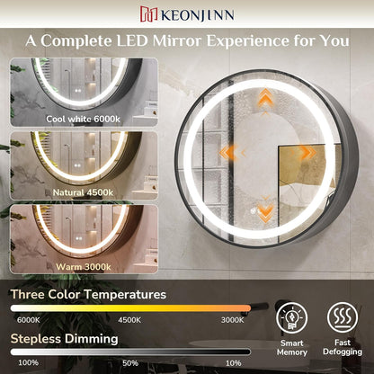 Oglinda LED cu Dulap, Rotunda, 50x50cm, Dezaburire, Lumina Rece/Calda/Neutra, Rama Neagra, Spatiu de Depozitare