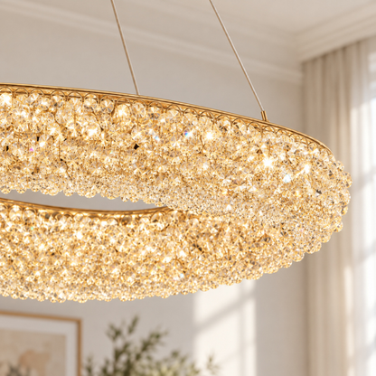 Modern Crystal Chandelier, Remote Control, PRUGU, 65W, Warm/Neutral/Cold Light, Length 35 cm, Gold, Adjustable Height