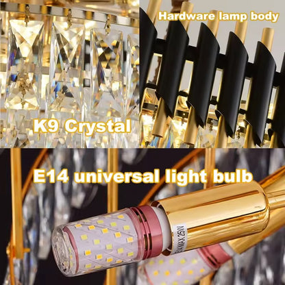VERSAILLES Eleganza Crystal Chandelier 7x E14, Diameter 49cm, Shiny Gold and Black, Adjustable Height